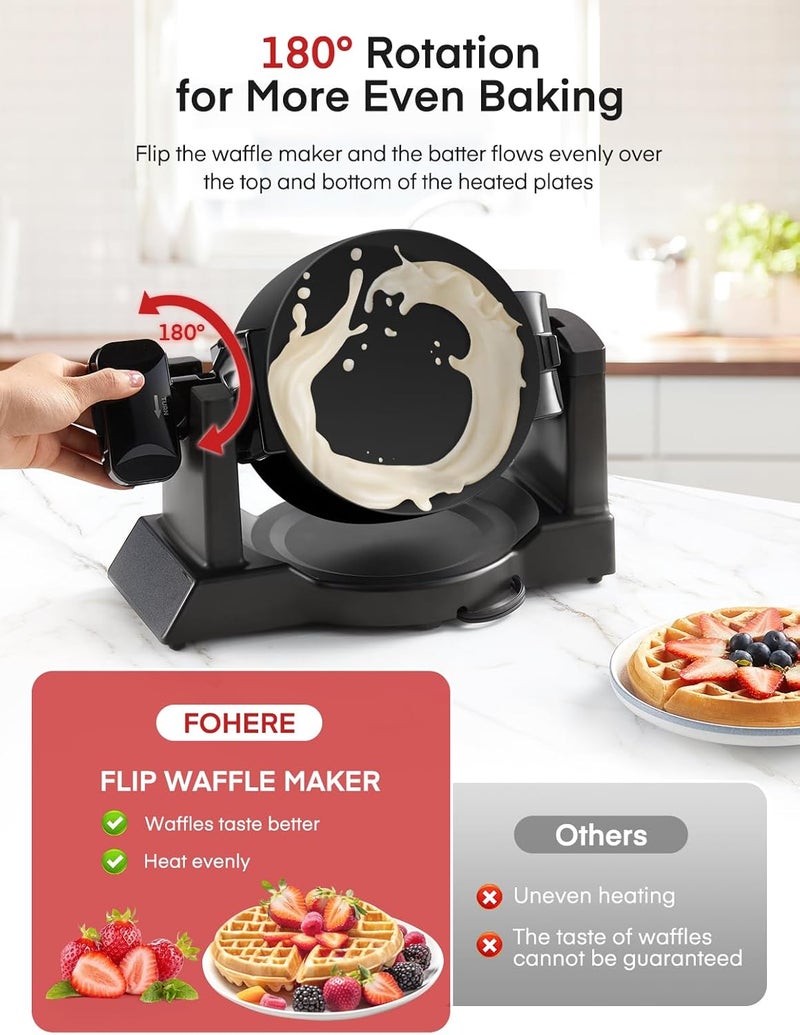 FOHERE Waffle Maker, 1400W Double Belgian Waffle Iron 180° Flip, 8 Slices in 3 Mins, Rotating & Nonstick Plates, Anti-Scald, Removable Drip Tray Easy to Clean, Cool Touch Handle, Space-Saving Storage(Black) - Image 3